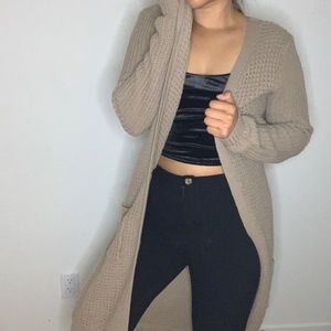 Long tan colored cardigan